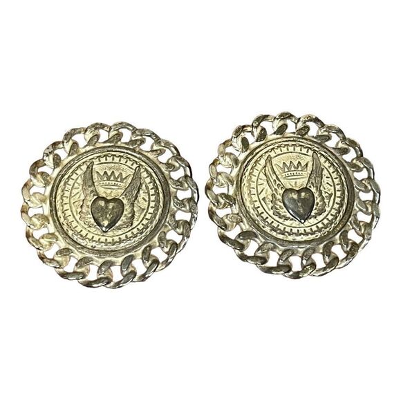 Signed Designer Robert Rose Round Clip On Earrings 89s Heart Wings Crown Western - Picture 1 of 6
